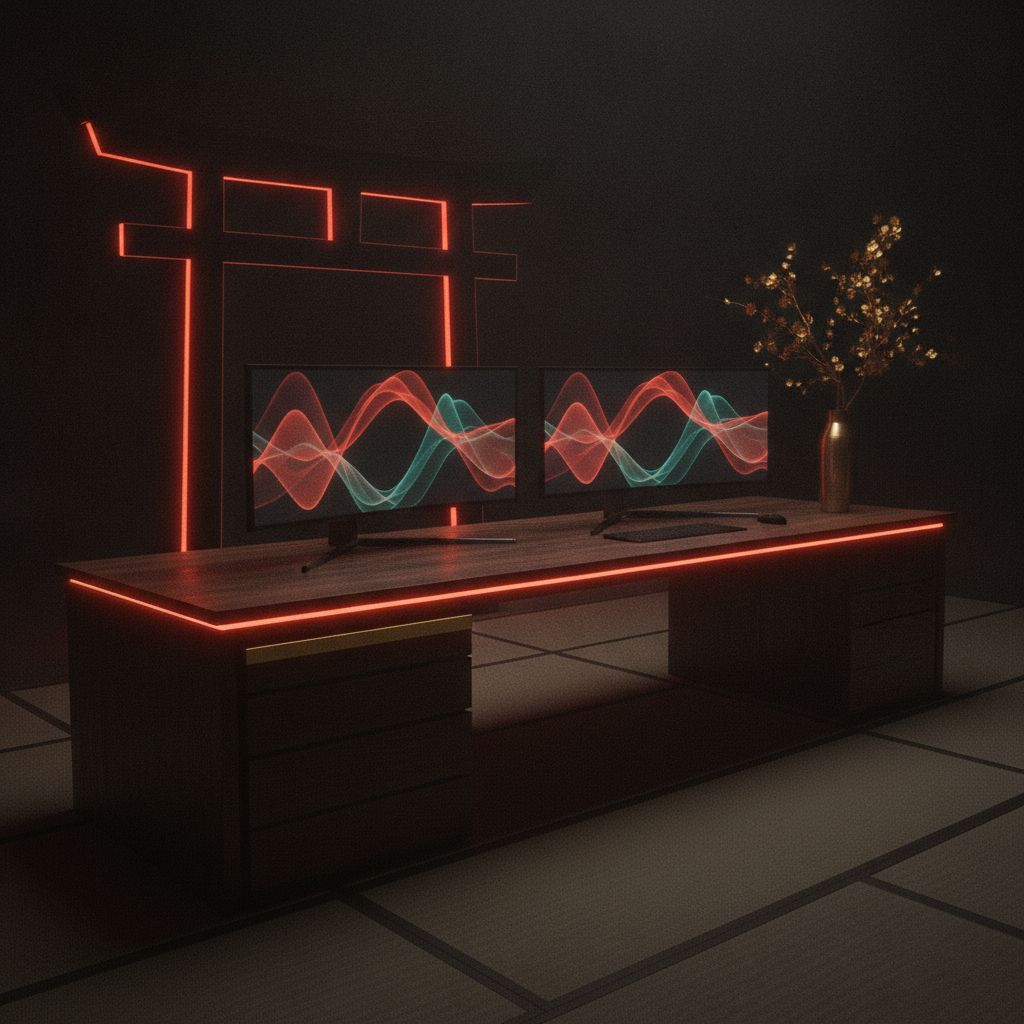 A streaming setup blending broadcast tech with a calm, dojo-inspired studio aesthetic